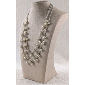 Multi Strand Faux Pearl Necklace Silver Tone Layered Chain Statement